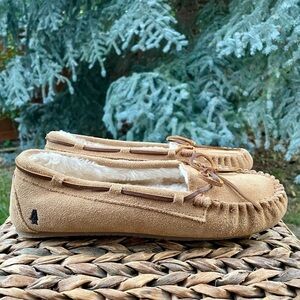 NEW Tan Suede Leather Faux Fur Lined Slip-on Hard Sole Moccasins Women Size 10